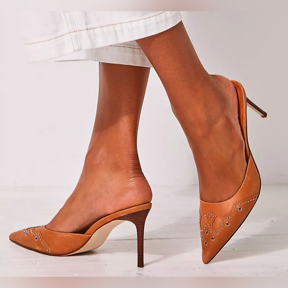 Jeffrey Campbell Tan Studded Leather Pointed-Toe Mules